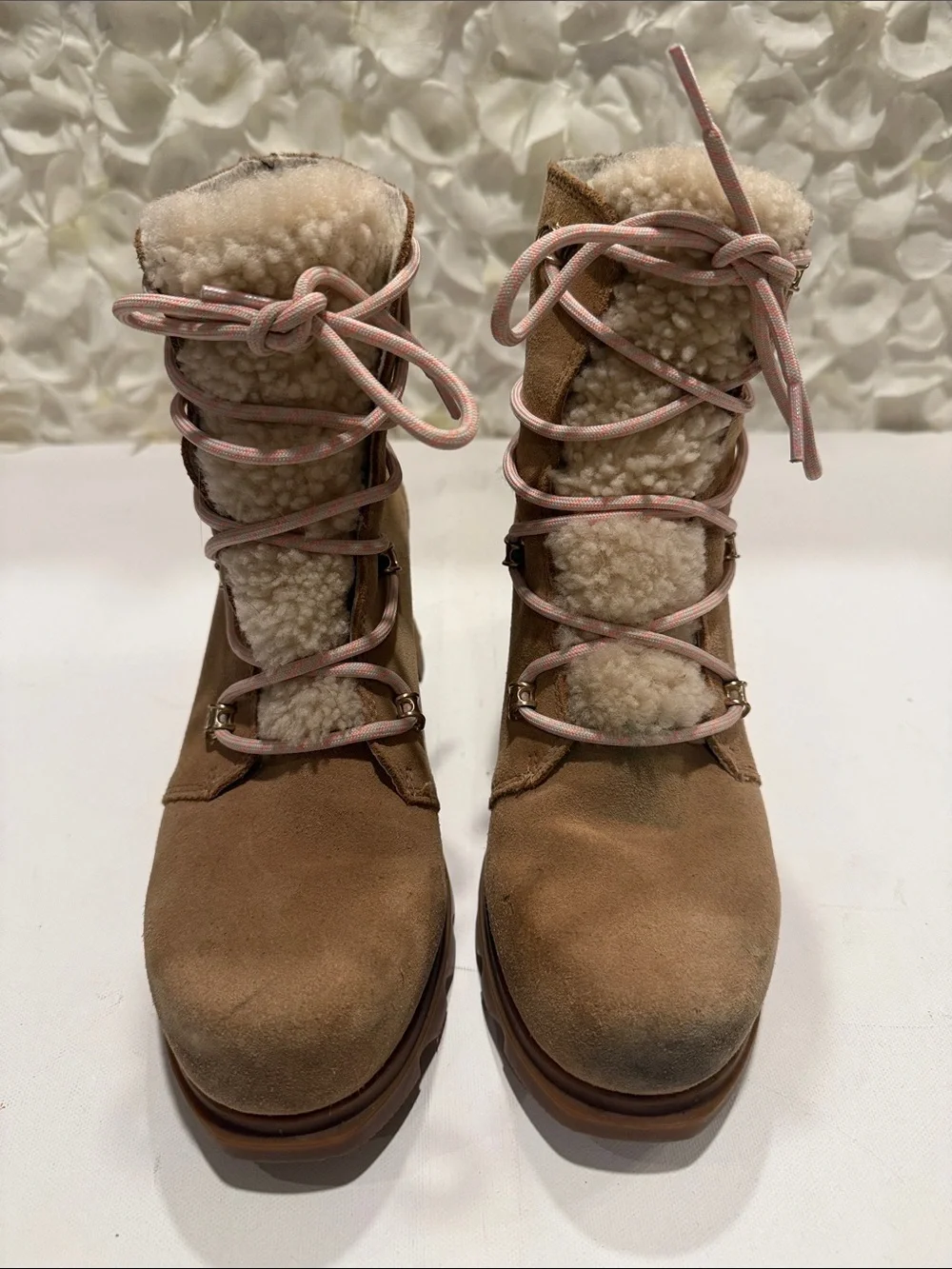 Sorel Tan Suede Winter Boots with Pink Laces